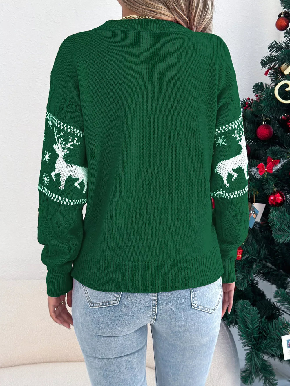 Festive Red Reindeer and Snowflake Cable Knit Sweater - View 8 | TEVQA