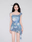 Blue Tie-Dye Asymmetrical Ruffle Swimsuit