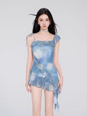 Blue Tie-Dye Asymmetrical Ruffle Swimsuit