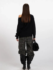 Vintage Black Sequin '02' Off-Shoulder Sweater - TEVQA