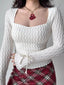 White Textured Square Neck Long Sleeve Flare Top