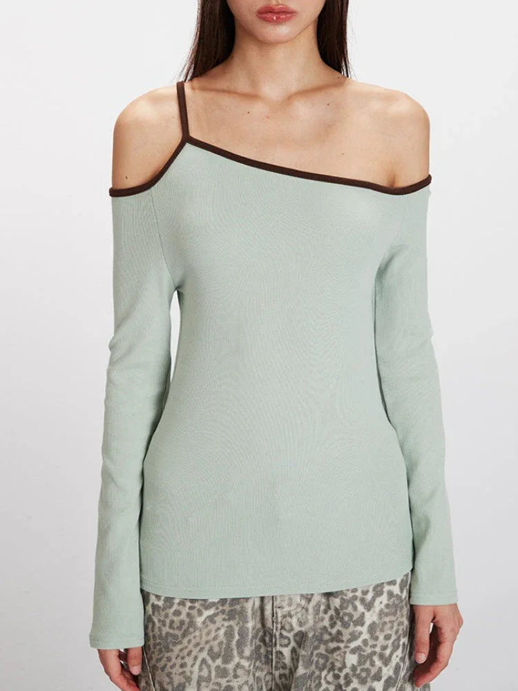 Acubi Y2K Soft Sage Asymmetrical Off-Shoulder Top - TEVQA