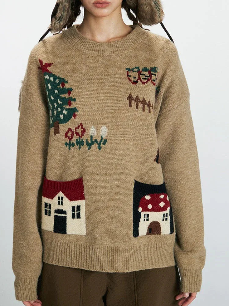 Whimsical Holiday House Pocket Sweater - TEVQA