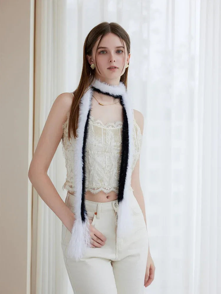 Black & White Faux Mink Skinny Scarf - TEVQA