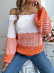 Off-Shoulder Color Block Knit Sweater - View 11 | TEVQA