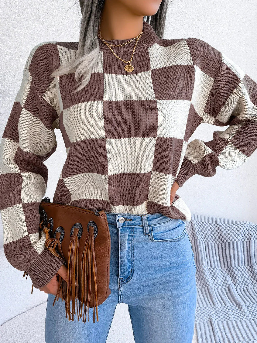 Black and white checkerboard knit mock neck sweater - View 22 | TEVQA