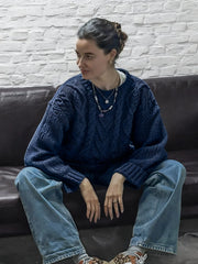 Vintage Navy Cable Knit Sweater - TEVQA