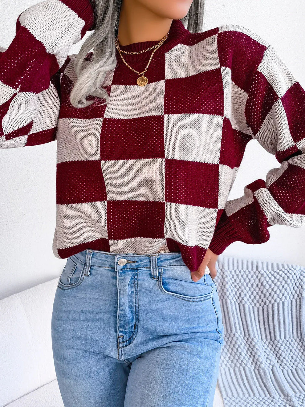 Black and white checkerboard knit mock neck sweater - View 14 | TEVQA