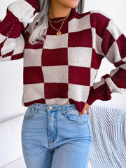 Black and white checkerboard knit mock neck sweater - View 14 | TEVQA