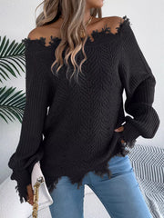 Distressed Off-Shoulder Knit Sweater - View 8 | TEVQA