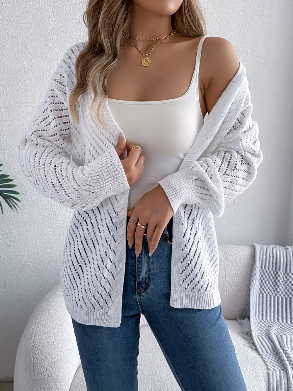 Ethereal White Pointelle Knit Cardigan - View 6 | TEVQA