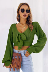 Ribbed knit crop sweater with tie neck - View 10 | TEVQA
