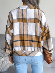 Plaid Wool Blend Lantern Sleeve Cropped Shacket