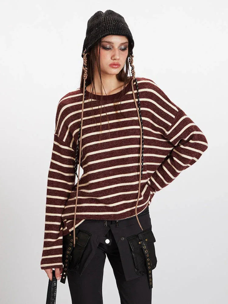 Vintage Burgundy Striped Oversized Long Sleeve Tee - TEVQA