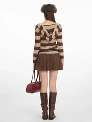 Y2K Brown Striped Hooded Cable Knit Sweater - TEVQA