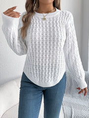 Camel Cable Knit Curved Hem Sweater - TEVQA