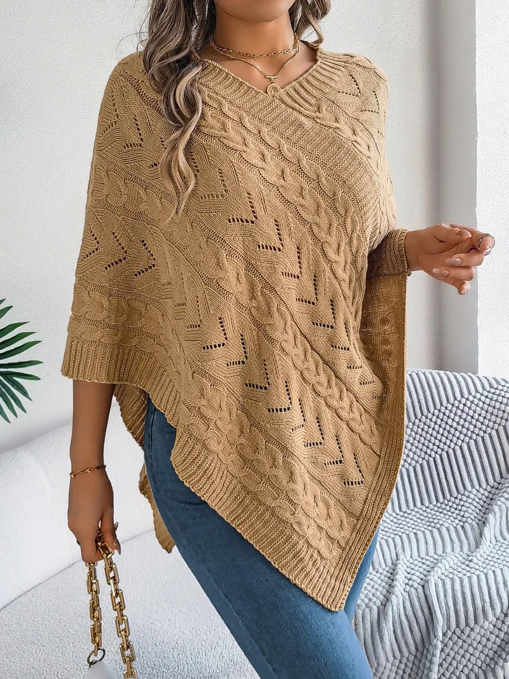 White Cable Knit V-Neck Poncho Sweater - TEVQA