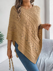 White Cable Knit V-Neck Poncho Sweater - TEVQA