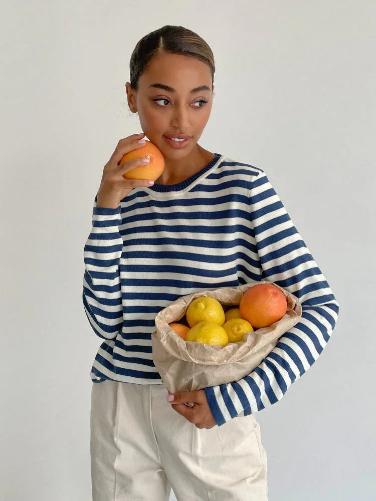 Classic Breton Striped Crew Neck Sweater - TEVQA