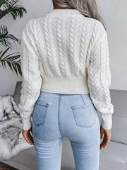 White Cable Knit Cinched Waist Crop Sweater - TEVQA