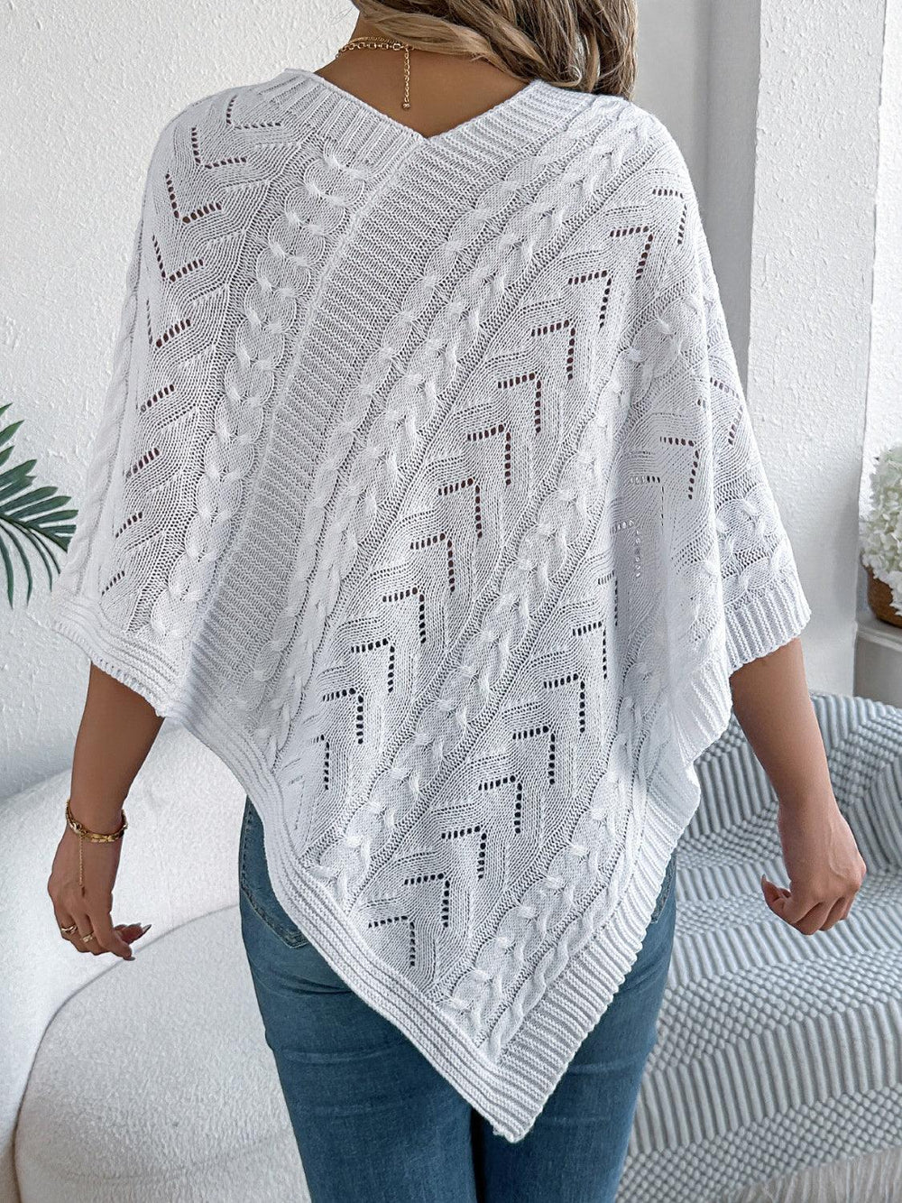 White Cable Knit V-Neck Poncho Sweater - TEVQA