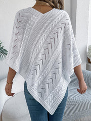White Cable Knit V-Neck Poncho Sweater - TEVQA