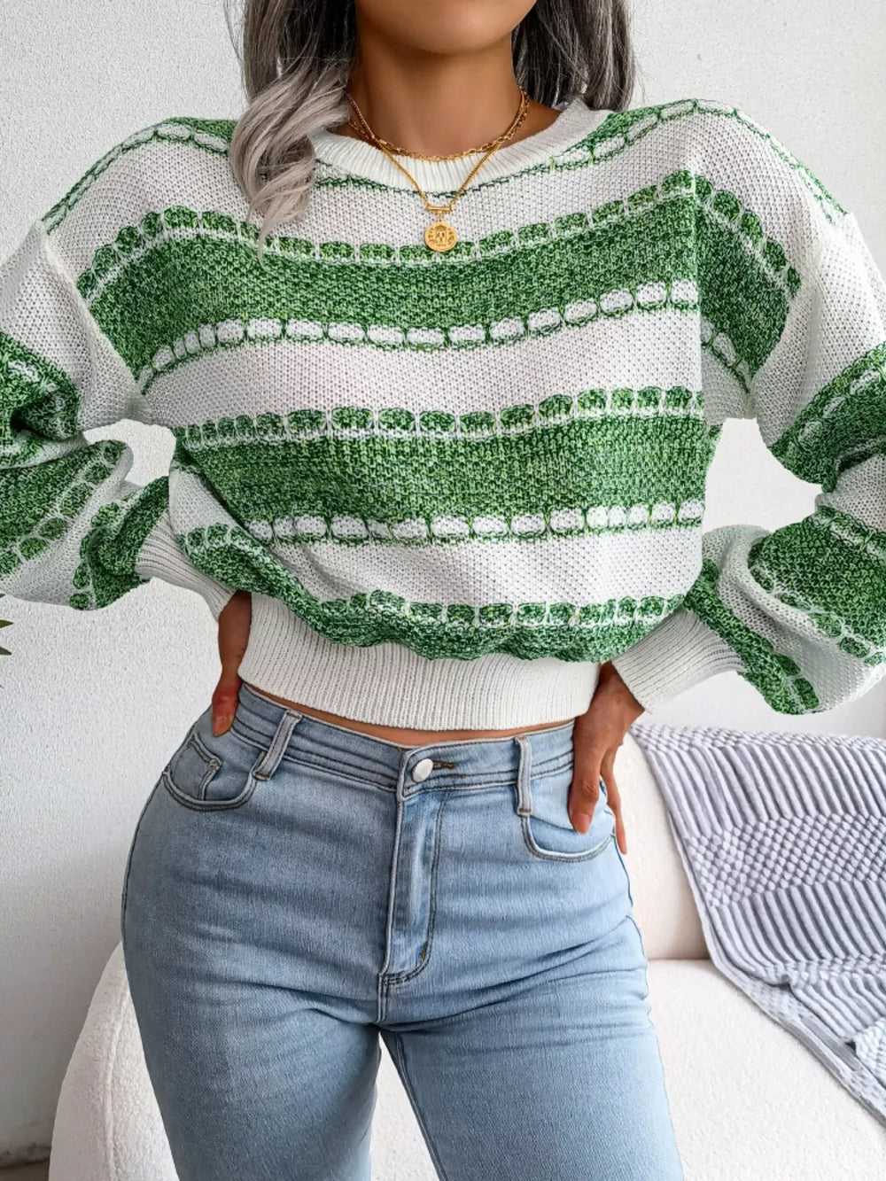 Striped Textured Knit Sweater - View 17 | TEVQA