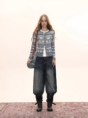 Women's Fair Isle Pattern Knit Cardigan Crew Neck