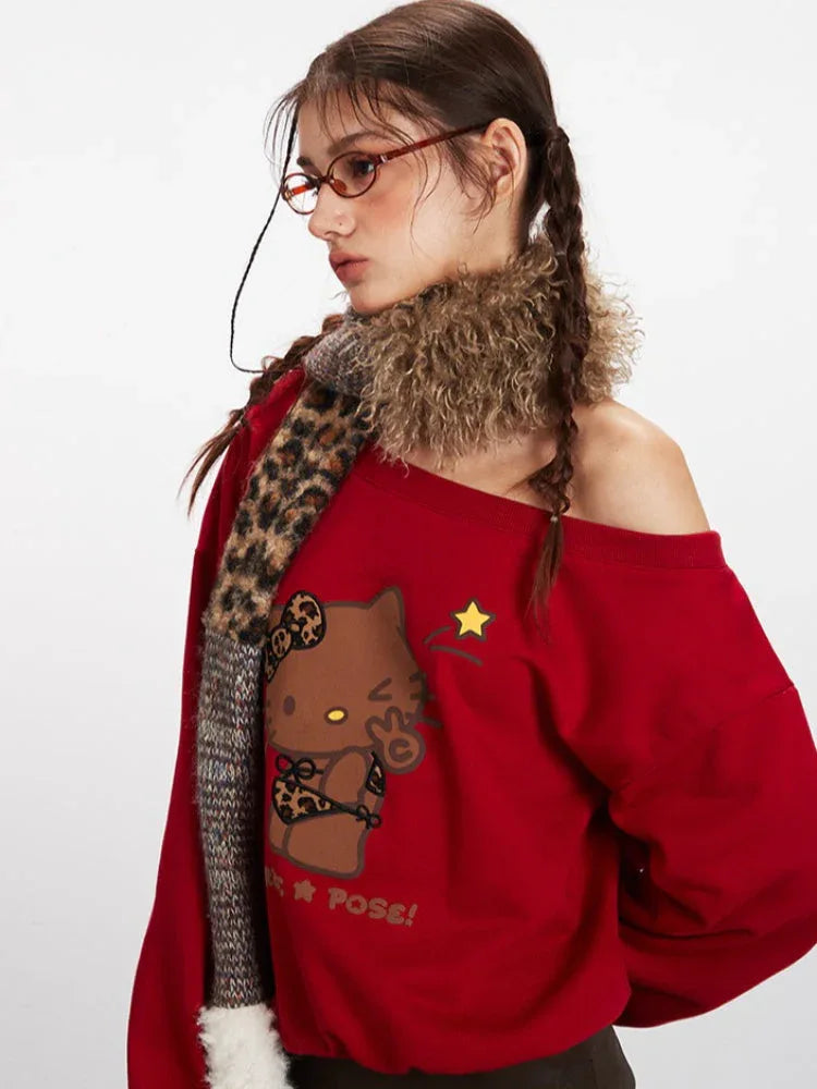 Y2K "Strike A Pose" Leopard Kitty Off-Shoulder Sweatshirt - TEVQA
