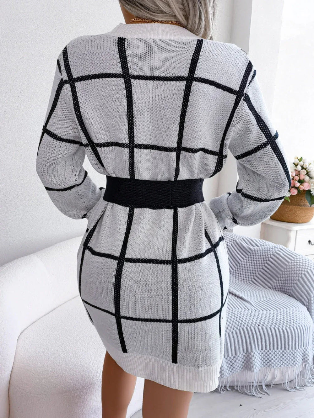 Green windowpane plaid knit sweater dress with crew neckline and long sleeves - View 9 | TEVQA