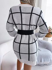 Green windowpane plaid knit sweater dress with crew neckline and long sleeves - View 9 | TEVQA