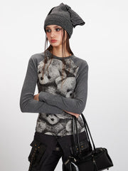 Vintage Grey Raglan Bear Graphic Top