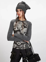 Vintage Grey Raglan Bear Graphic Top - TEVQA