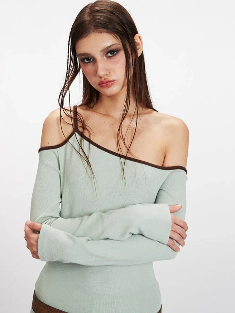 Acubi Y2K Soft Sage Asymmetrical Off-Shoulder Top - TEVQA