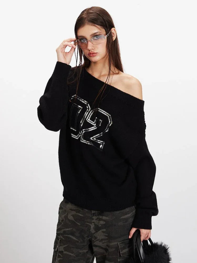 Vintage Black Sequin '02' Off-Shoulder Sweater - TEVQA
