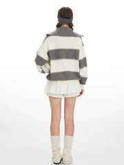 Retro Oversized Striped Half-Zip Knit Sweater - TEVQA