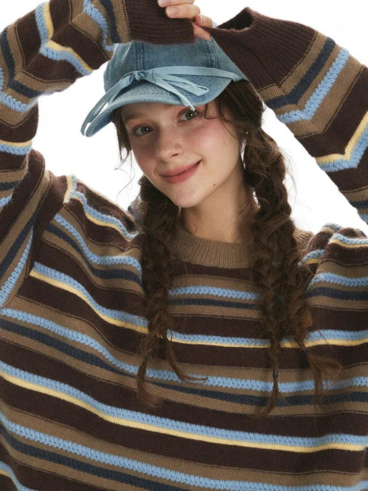 Retro Multi-Color Striped Knit Sweater - TEVQA