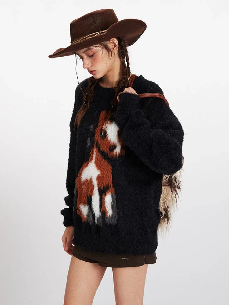 Vintage Black Fuzzy Horse Graphic Sweater - TEVQA