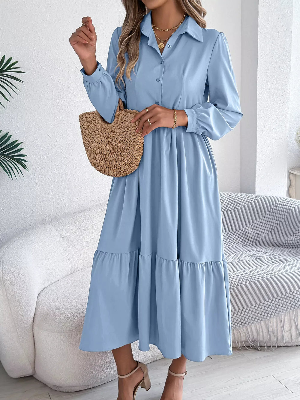 Navy Blue Ruffled Tiered Shirt Dress - View 10 | TEVQA