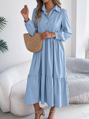 Navy Blue Ruffled Tiered Shirt Dress - View 10 | TEVQA