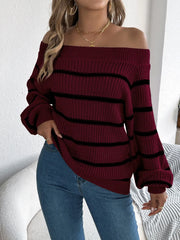 White Striped Off-Shoulder Knit Sweater - TEVQA