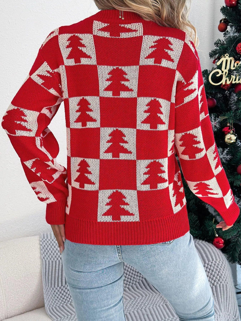 Festive Forest Checkerboard Knit Sweater - View 8 | TEVQA