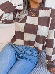 Black and white checkerboard knit mock neck sweater - View 24 | TEVQA