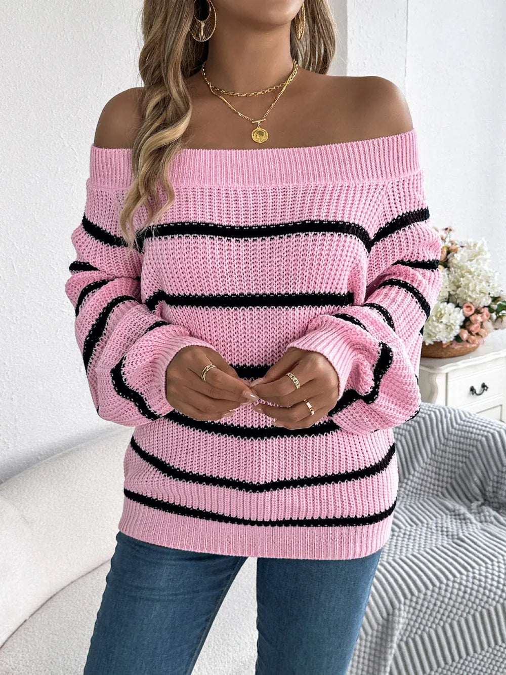 White Striped Off-Shoulder Knit Sweater - TEVQA