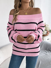 White Striped Off-Shoulder Knit Sweater