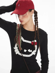 Y2K Coquette Aesthetic Abstract Cat Graphic Long Sleeve Top - TEVQA