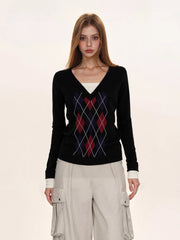 Black Argyle V-Neck Mock Two-Piece Knit Sweater