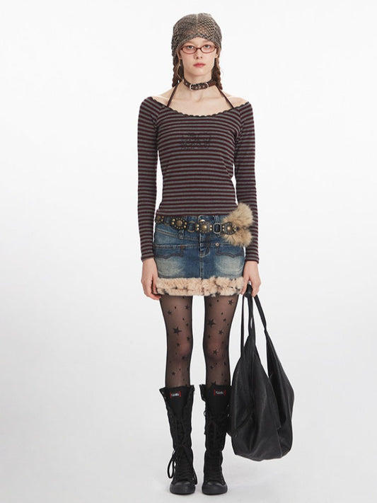 Vintage Burgundy Striped Off-Shoulder Top