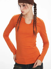 Vintage Pumpkin Orange Split Neck Long Sleeve Top - TEVQA