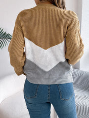 Back view of a woman wearing a brown, white, and grey colorblock chevron knit sweater
